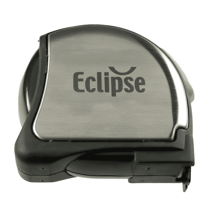 A metal and black tape measure with a polished surface and a logo on the side.