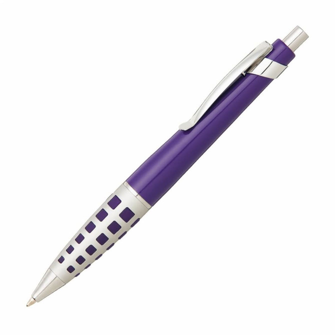 A purple plastic pen with a silver clip and a patterned grip. It has a sleek design and features a logo.