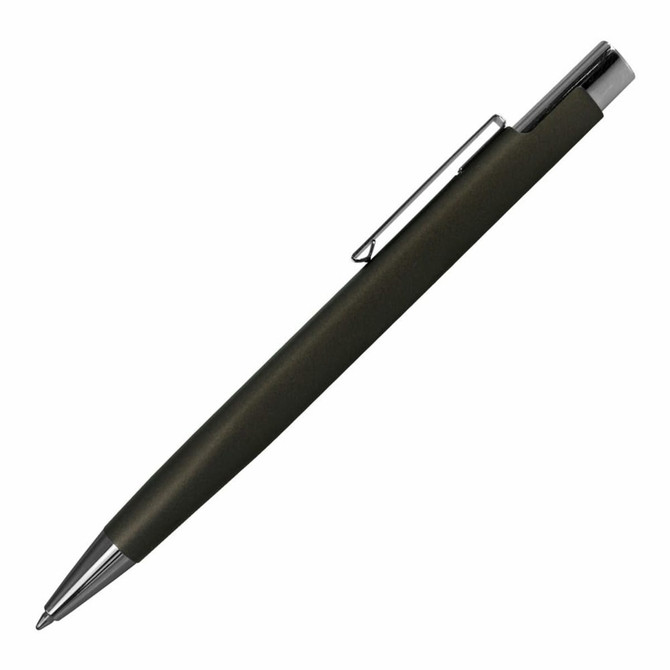 A metal pen in olive green with a silver clip and tip, featuring a logo on its body.