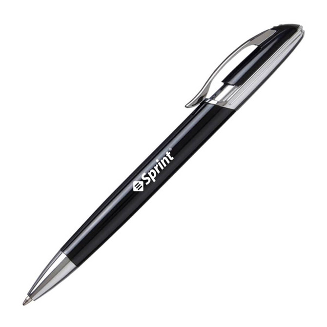 A black metal pen with a chrome clip and a branding logo on the side.