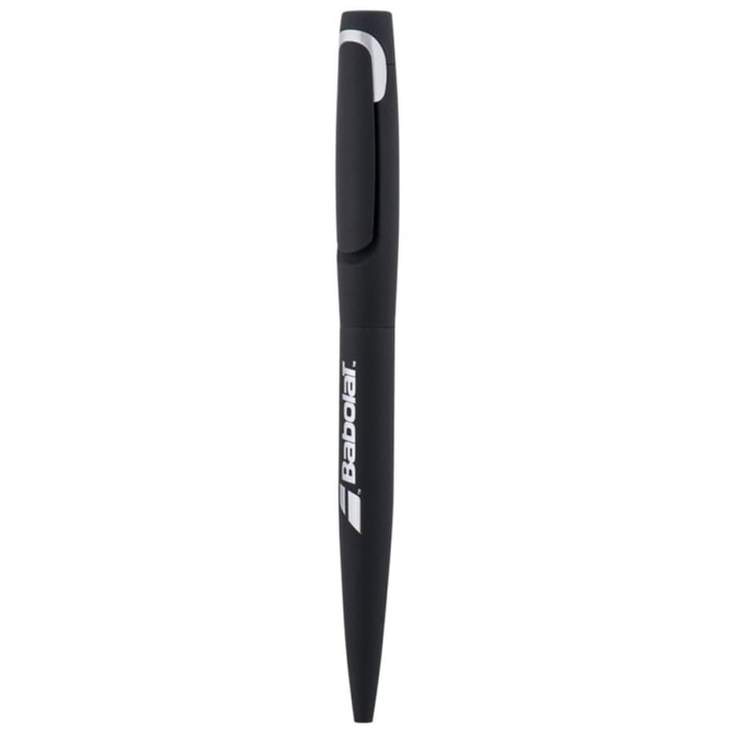 A black metal pen with a smooth body, featuring a clip and a logo.