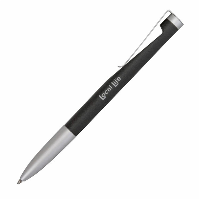 A metal pen with a black grip and silver clip, featuring a logo.