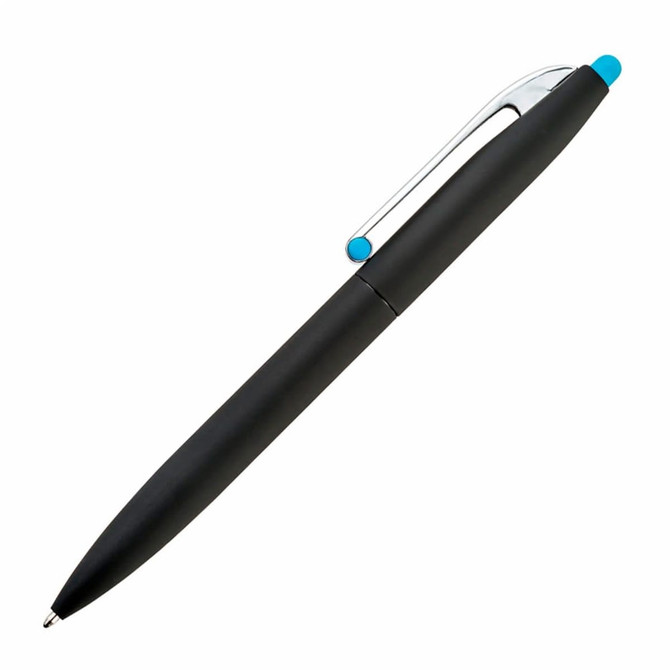 A black pen with a silver clip and a turquoise accent on the top. It features a sleek design and a branding logo.