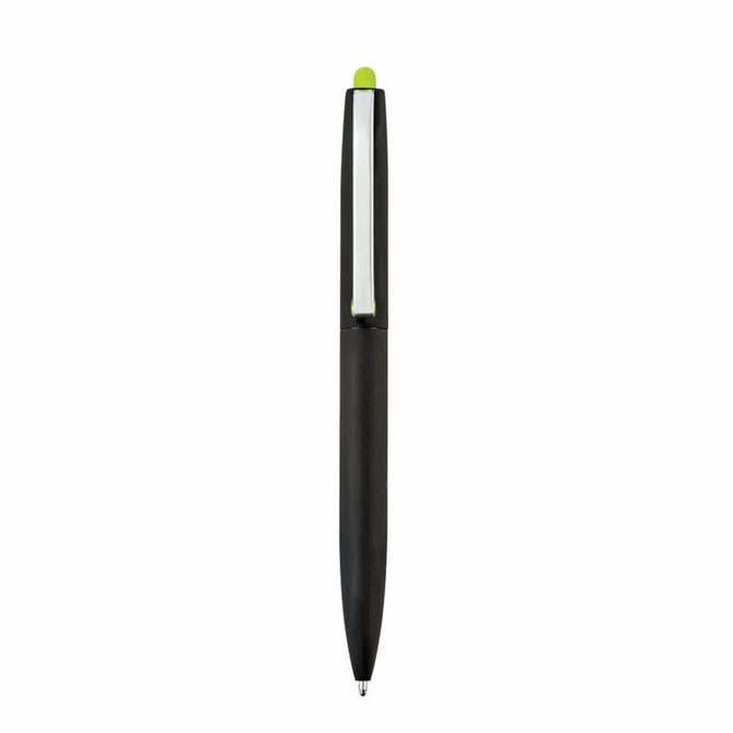 A black pen with a green top, featuring a sleek design and a branding logo on the side.
