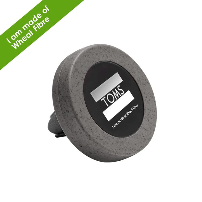 A round, silver car vent mount made of wheat fibre with a logo on the front.