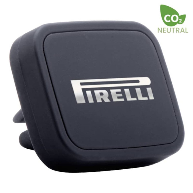 A rectangular black car phone holder with a silver logo, designed for mounting phones.