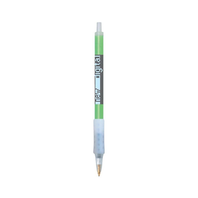 A green and clear plastic pen with a grip, featuring a branding logo.