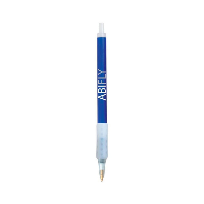 A blue plastic pen with a white grip and a brand logo on the barrel.