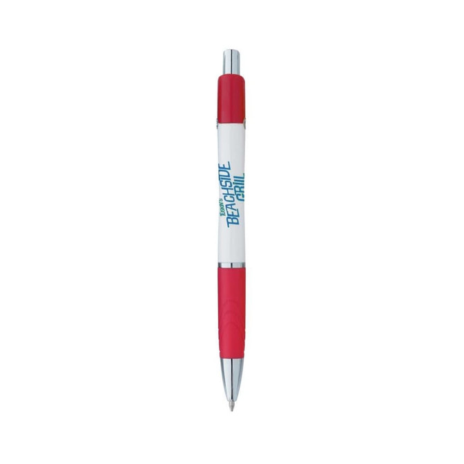A custom pen in white with red accents, featuring a branding logo.
