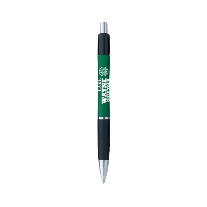 A green and black pen with a logo, designed for writing. Features a retractable mechanism and a textured grip.