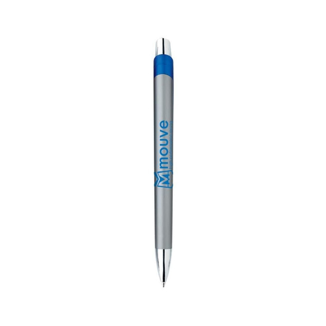A metal pen with a silver body and a blue top, featuring a logo.