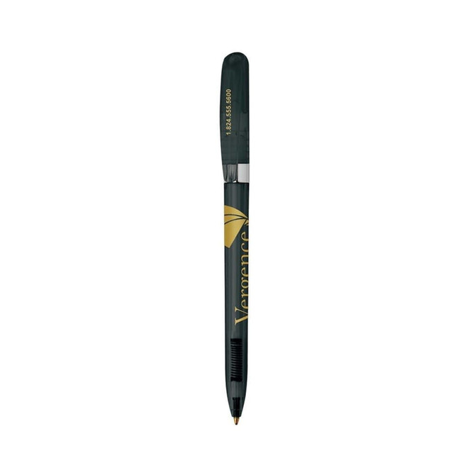 A green metal pen with a pointed tip and a logo on the barrel.