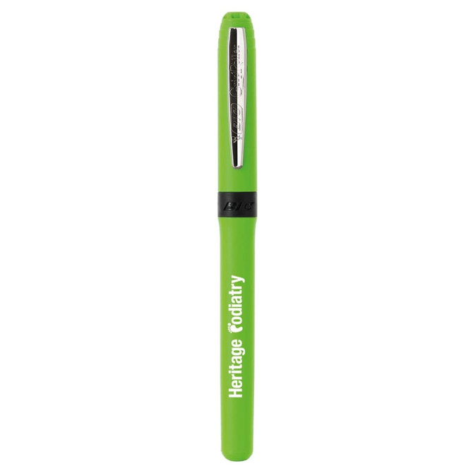 A green pen with a black grip and a silver nib, featuring branding on the barrel.