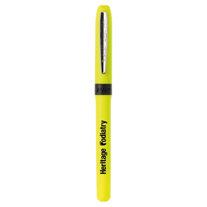 A bright yellow pen with a black grip and branding on the barrel, featuring a sleek silver clip.