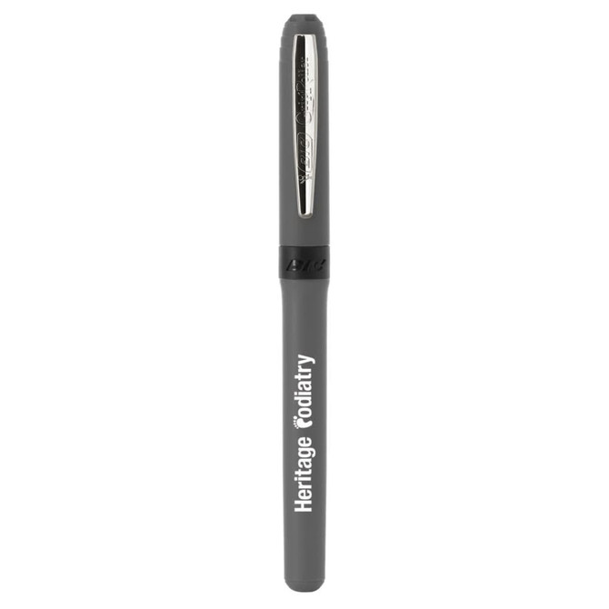 A grey pen with a silver clip, featuring a branding logo on the barrel.