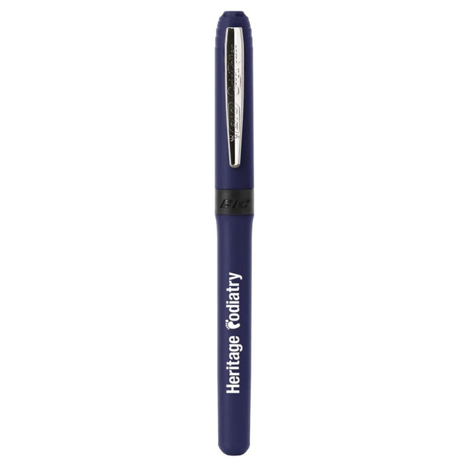 A navy blue pen with a silver clip, featuring a branding logo on the barrel.