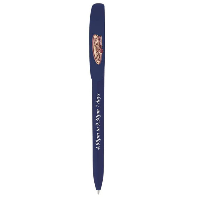 A navy blue Bic Super Clip pen with a logo. The pen features a clip for easy attachment.