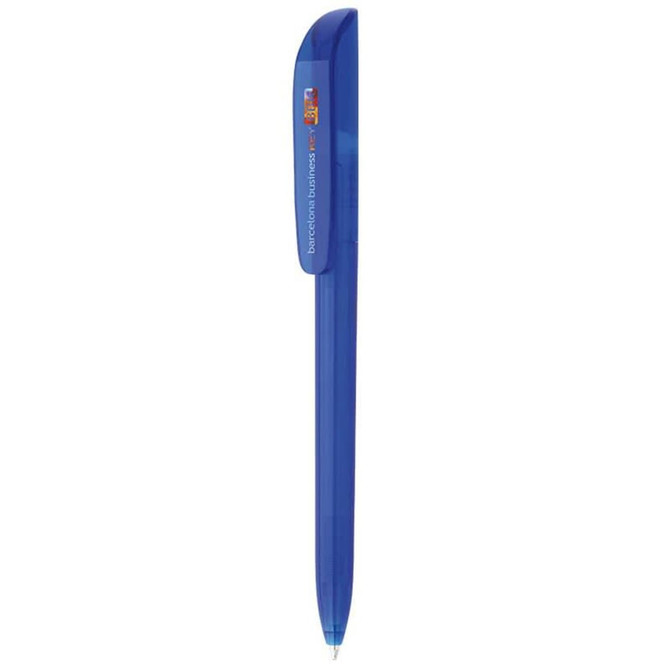 A blue plastic pen with a smooth finish and a clip, featuring a logo on the side.