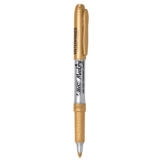 A metallic gold permanent marker with a textured grip and a clip, featuring branding on the barrel.