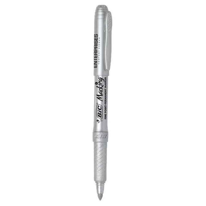 A metallic silver permanent marker featuring a textured grip and a logo on the barrel.