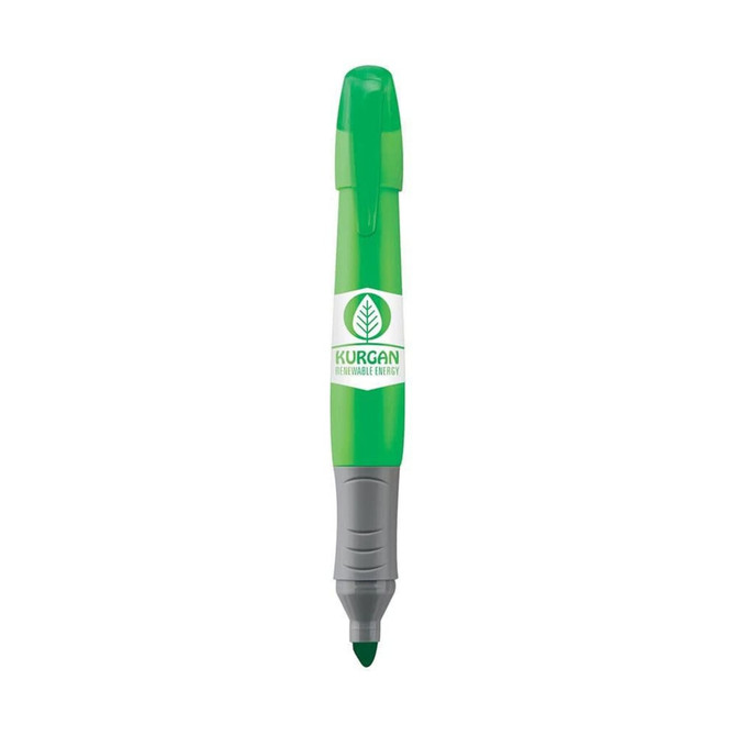A highlighter pen in green and grey, featuring a logo on the barrel.