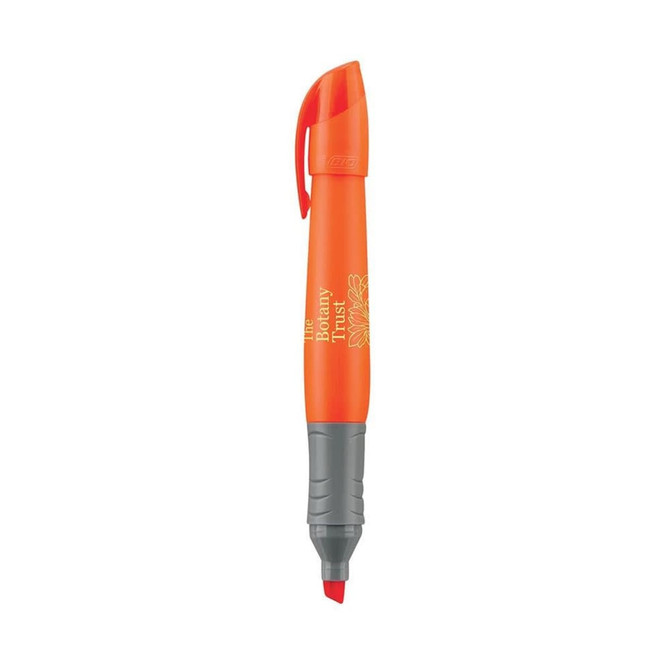 An orange highlighter pen with a grey grip and a branding logo on the side.