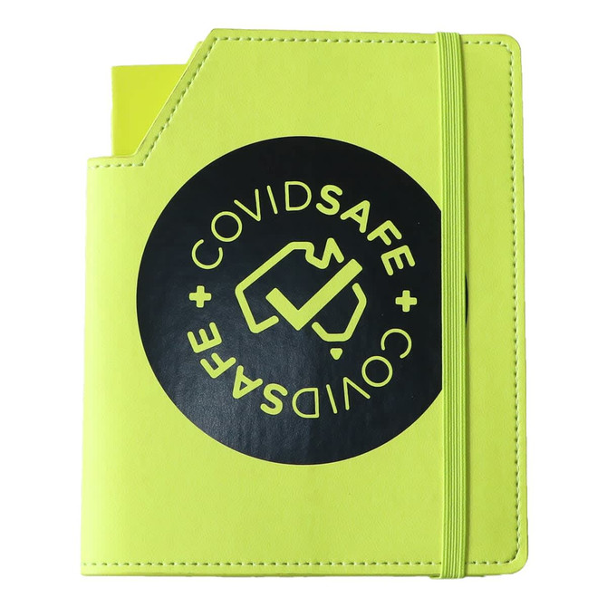 A bright yellow leatherette notebook with an elastic band and a logo on the cover.