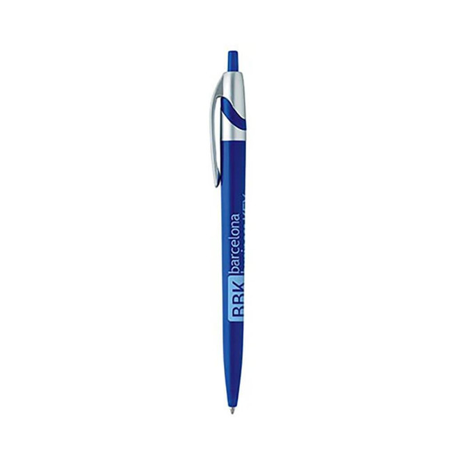 A blue plastic pen with a silver clip and a logo on the body.