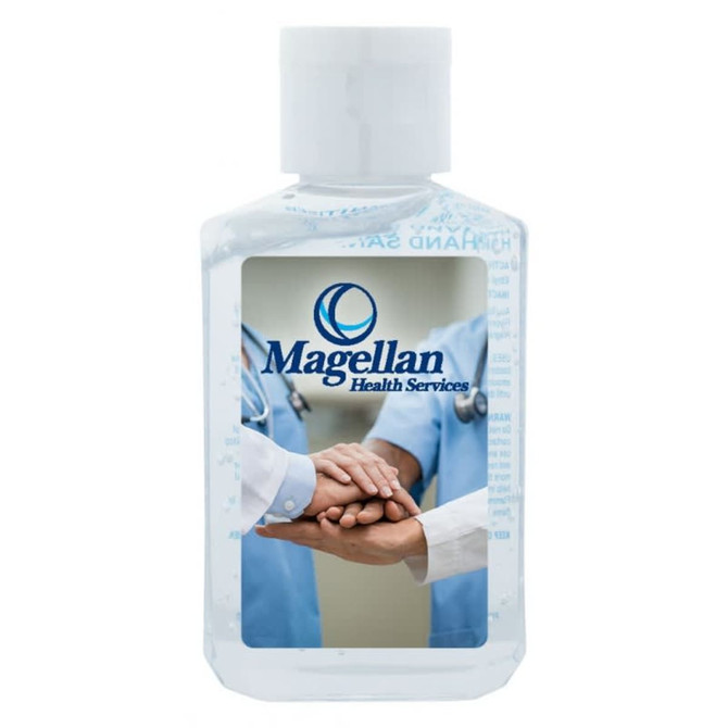 A clear, 60ml hand sanitiser gel bottle containing 75% ethyl-alcohol, featuring a logo and a graphic design.