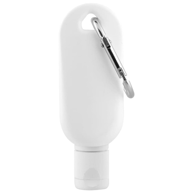 A white 50mL sunscreen bottle with a clip attached for easy carrying. It features a smooth, rounded design.