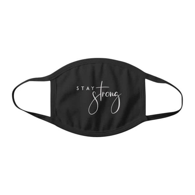 A black cotton face mask featuring the words "Stay Strong" in a stylish font. The mask has ear loops and a logo.