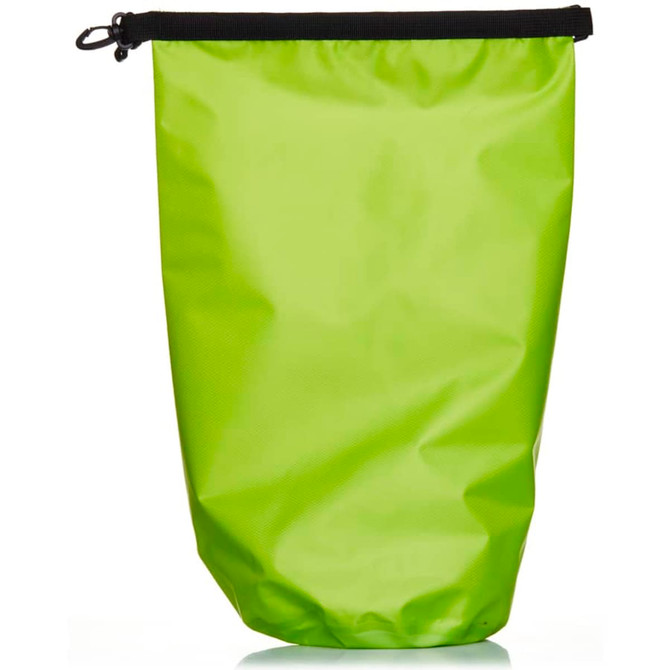 A bright green 10L dry bag with a black opening and sealing mechanism, featuring a logo.