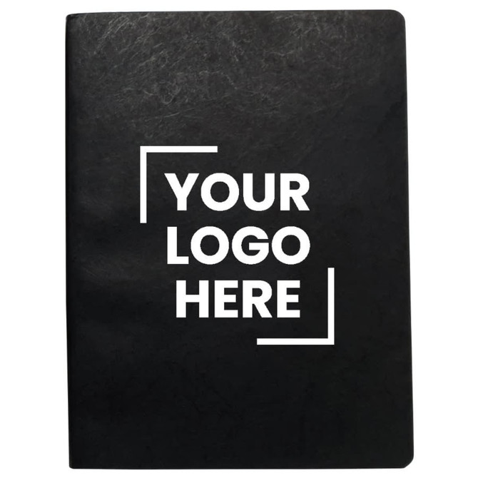 A black notebook with a flat cover featuring a placeholder for a logo. The design includes a sleek, minimalistic style.
