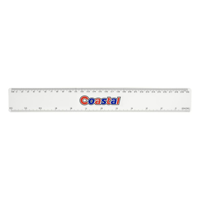 A 30cm clear plastic ruler featuring red and blue branding, with measurements marked along one edge.