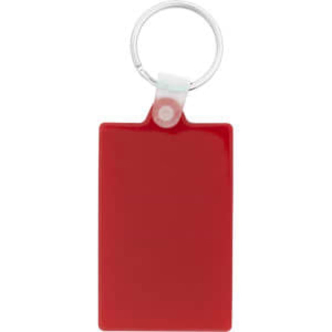 A red rectangle keychain featuring a metal ring for attachment.