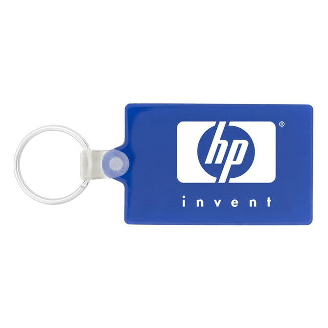 A rectangular blue keychain with a metal ring and a logo.