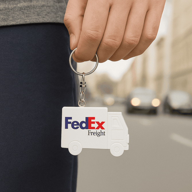 A keychain shaped like a truck in white, held by a person against an urban backdrop, featuring a logo.