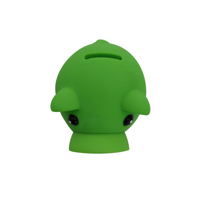 A green piglet-shaped money box with large eyes and a slot for coins on top. It features a logo on the base.