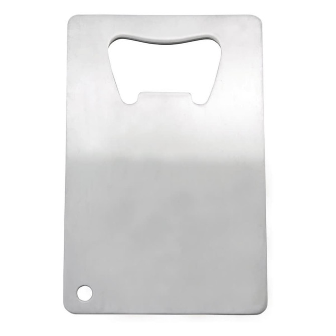 A stainless steel bottle opener shaped like a credit card, featuring a circular hole and a cut-out for easy gripping.