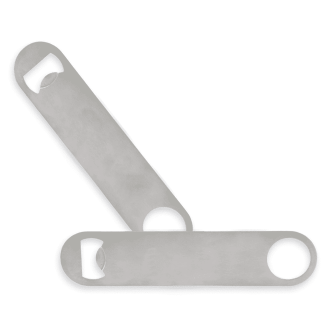 A drink bottle opener made of stainless steel with two bottle-opening ends and a sleek, minimalist design.