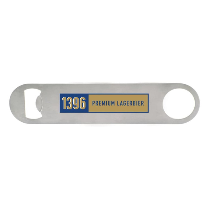 A drink bottle opener in silver, featuring a logo or branding on the handle.