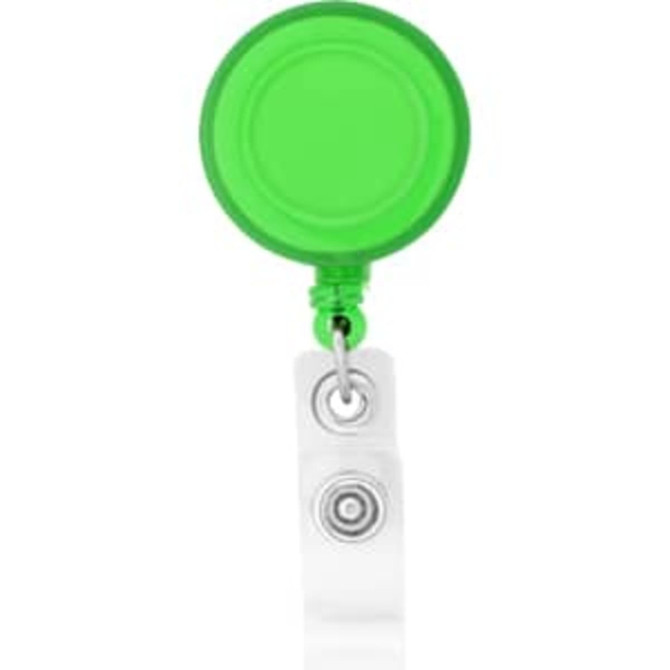 A bright green round badge holder with a transparent strap and a metal clip attached.