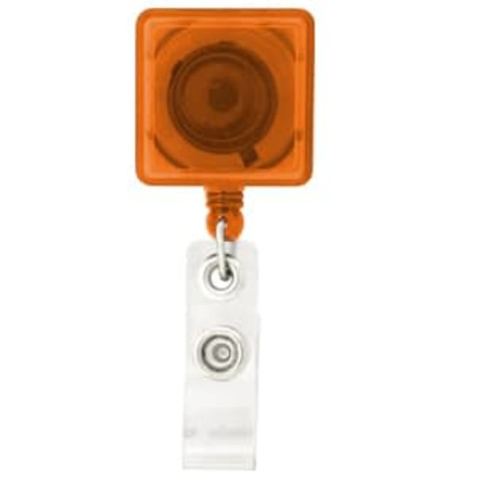 An orange rectangle badge holder with a retractable reel and a clear metal clip for attachment.