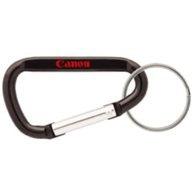 A black 60mm carabiner with a silver key ring and a logo displayed on the side.