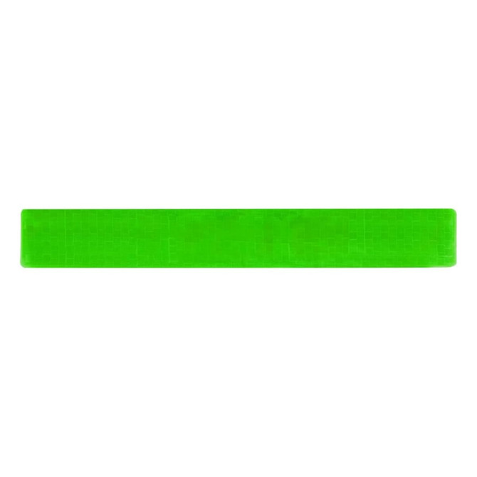 A reflective slap wristband in bright green, featuring a textured pattern. It has a logo on one side.