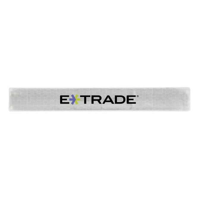 A reflective slap wristband in clear material featuring a logo. Suitable for events and exhibitions.