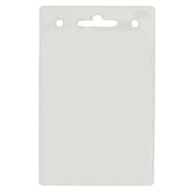 A clear plastic badge holder with two holes at the top for attaching a lanyard or clip.