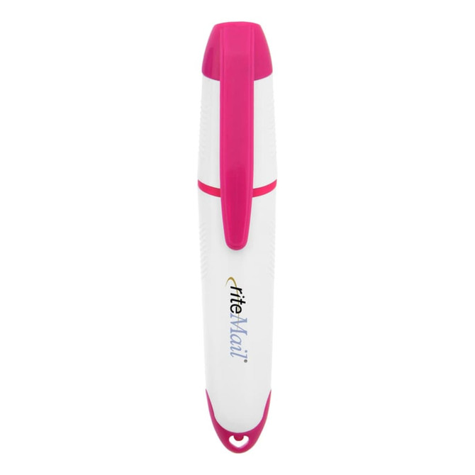 A white highlighter with a pink cap and accents, featuring a branding logo.