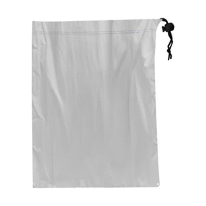 A grey microfibre pouch with a drawstring closure, designed for tablet protection. Features a logo.