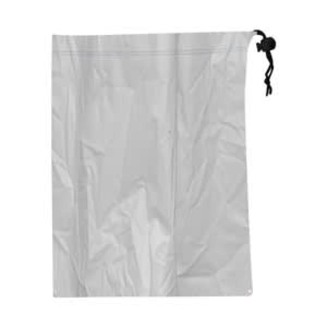 A grey microfibre pouch with a drawstring closure, suitable for tablet storage. Features a logo.